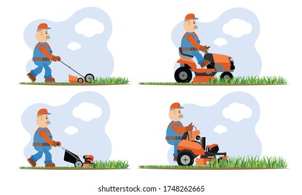 Gardener maintaining lawn with various types of lawn mowers. Mowing grass with gardening grass-cutter. Flat vector illustration.