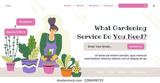 Gardener maintenance and assistance from professional specialist. Whaqt gardening service do you need. Enter your email online. Website page, internet landing site template. Vector in flat style