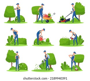 Gardener Maintenance Backyard. Man Pruning Garden Hedge Plant, Trim Tree Care Jardin Cutting Grass Lawn Mower Garden Landscape Worker With Wheelbarrow, Neoteric Vector Illustration