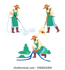 Gardener Man Agricultural Occupation Set Vector. Gardener Removing Foliage, Fixing Hose And Watering Plant In Garden Or Washing Backyard. Character Agriculture Maintenance Flat Cartoon Illustrations