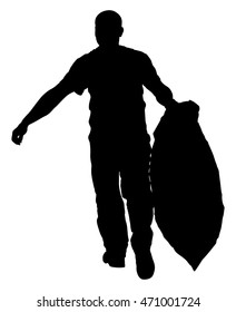 Gardener man with bag of leaves or garbage, trash, vector silhouette. Landscaper hold a plastic bag with garbage. Backyard Garden Summer Clean Up. Laborer working outdoor. Hard worker with luggage.