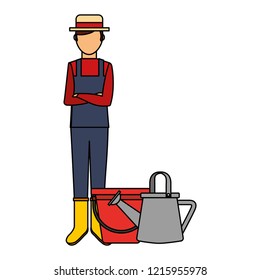 gardener man bucket and watering can with gardening