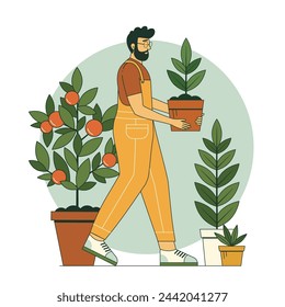 Gardener man carrying plant in pot. Male wearing garden overall holding houseplant in flowerpot. Guy with fruit tree gardening concept in line art.