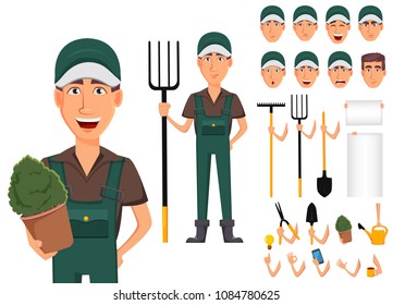 Gardener man, cartoon character creation set. Pack of body parts, emotions and tools. Build your personal design. Vector illustration.