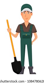 Gardener man, cartoon character in uniform. Handsome farmer holding a shovel. Vector illustration on white background.