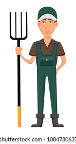 Gardener man, cartoon character in uniform. Handsome farmer holding watering can. Vector illustration on white background.