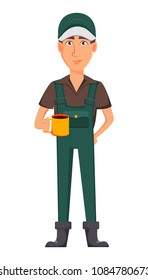 Gardener man, cartoon character in uniform. Handsome farmer holding a cup with refreshing drink. Vector illustration on white background.
