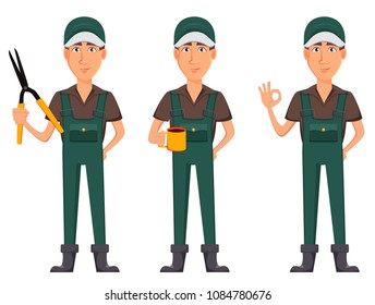Gardener man, cartoon character in uniform, set of three poses. Handsome farmer holding secateurs, holding cup with hot drink and showing ok sign. Vector illustration.