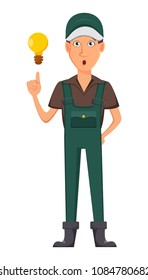 Gardener man, cartoon character in uniform. Handsome farmer with a good idea. Vector illustration on white background.