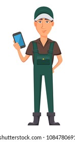 Gardener man, cartoon character in uniform. Handsome farmer holding smartphone. Vector illustration on white background.