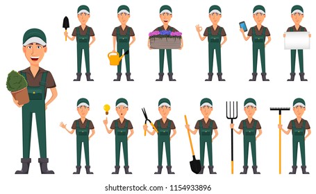 Gardener man, cartoon character in uniform. Handsome farmer, set of thirteen poses. Vector illustration on white background.