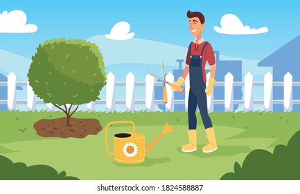 gardener man cartoon with pliers and watering can design, Gardening garden planting and nature theme Vector illustration