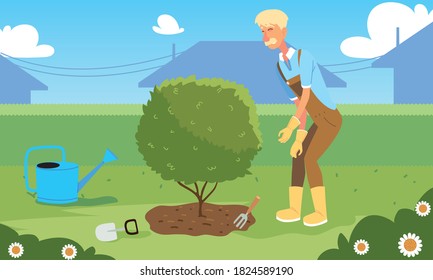 gardener man cartoon with tree and watering can design, Gardening garden planting and nature theme Vector illustration