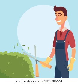 gardener man cartoon wearing overall and using garden shears on shrub design. Gardening,  planting and nature theme. Vector illustration.