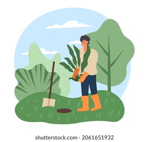 Gardener Man concept. Male character digs out garden bed with shovel and plants beautiful flower. Guy creates landscape design. Taking care of environment. Cartoon modern flat vector illustration