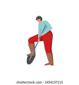 Gardener man digging hole using shovel. Vector flat style design illustration isolated on white background. Gardening concept for web banner, website page etc.