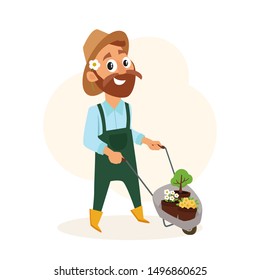 Gardener man holding gardening wheel barrow with flower pots. Happy farmer cartoon character design. Isolated vector illustration.