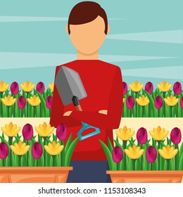 gardener man holding shovel with potted flowers gardening