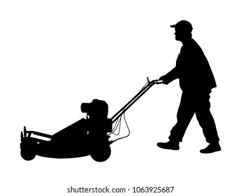 Gardener man mowing lawn mower vector silhouette. Grass trimmer cutting. Professional garden worker. Landscaper cut public field in park. Farmer with agricultural machinery. beautification of yard.