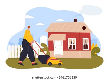 Gardener man mowing lawn mower. Cartoon man cutting grass on backyard of house with equipment. Garden maintenance, trimming meadow in springtime. Outside land work vector illustration