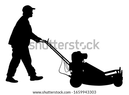 Gardener man mowing lawn mower vector silhouette. Grass trimmer cutting. Professional garden worker. Landscaper cut public field in park. Farmer with agricultural machinery. Beautification of yard.