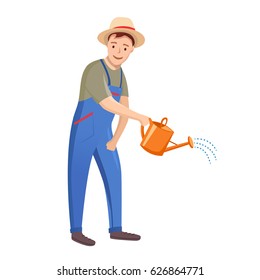 Gardener Man on white background. vector illustration Farmer with watering can in flat style. Vector illustration.