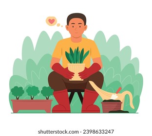 Hombre jardinero plantando un remolque de árbol con maceta en el jardín