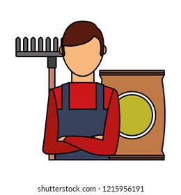 gardener man with rake and soil sack gardening