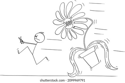 Gardener or man running away in panic, big flower in pot is chasing him. Vector cartoon stick figure or character illustration.
