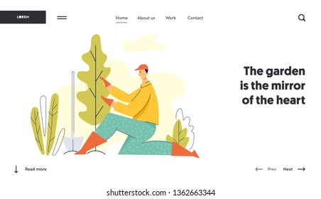 Gardener Man with Shovel Taking Care of the Plant in the Garden Landing Page. Male Character in Uniform Gardening, Growing Tree. Nature Ecology Concept Banner, Website. Vector Flat illustration