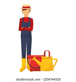 gardener man with watering can and bucket