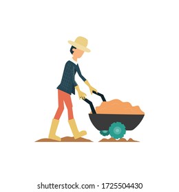 gardener man wearing a hat with the wheelbarrow of Soil  Working in  Farm. Flat design Vector illustration