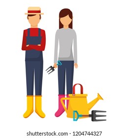 gardener man and woman with watering can and fork