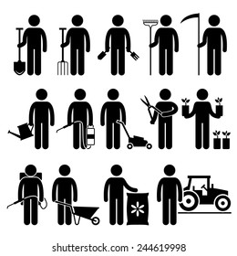 Gardener Man Worker using Gardening Tools and Equipments Stick Figure Pictogram Icons