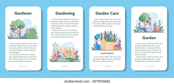 Gardener mobile application banner set. Idea of horticultural designer business. Character planting trees and bush. Special tool for work, shovel and flowerpot, hose. Isolated flat illustration