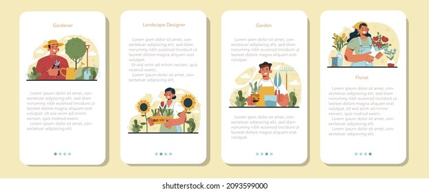 Gardener mobile application banner set. Idea of horticultural or landscape designer. Character planting trees and flowers. Special tool for work, shovel and flowerpot, hose. Flat vector illustration