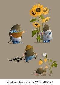 
Gardener mole. Children's illustration of a mole. Cute animals, rodents. Cottager. Picking flowers. Sunflowers, currants and yellow strawberries.