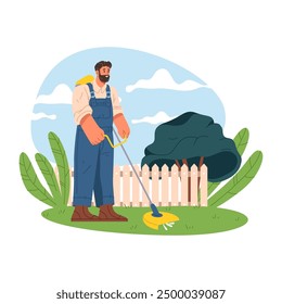 Gardener mowing grass flat vector illustration. Garden worker with mower cutting backyard plant. Orchard or farm lawn maintenance or service. Person gardening. Cultivating and horticulture,agriculture