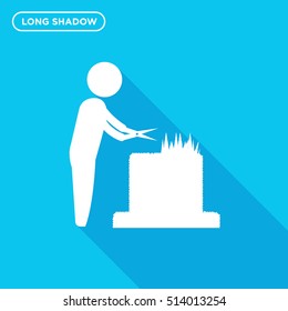 Gardener mowing the grass with scissors vector icon on blue background with long shadow