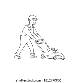 Gardener Mowing Lawn With Lawnmower Side View Black And White Cartoon