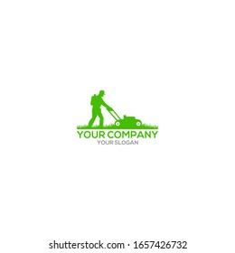 
Gardener Mowing Lawn Mower Logo Design Vector