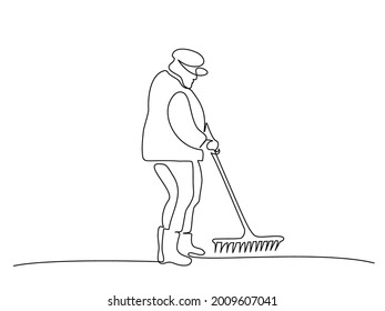 Gardener old man with shovel. Continuous one line drawing. Black and white Doodle vector illustration