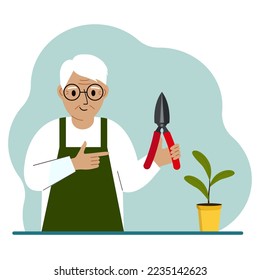 A gardener is a old man in working clothes, he has a pruner in his hand. Vector flat illustration
