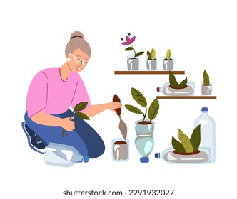 Gardener Old woman Upcycling plastic bottles cutting utilized jar to plant seedling and flowers.Retired gardener. Illustration of recycling and reutilization. Reducing waste. Flat vector illustration.