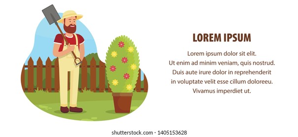 Gardener on Background Wooden Fence. Bearded Man with Shovel in Garden. Landscaping. Decorate Garden. Harvest. Vector Illustration. Yellow Uniform and Hat. White Background and Text.