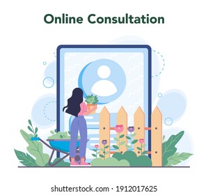 Gardener online service or platform. Idea of horticultural designer business. Character planting trees and bush. Online consultation. Isolated flat illustration