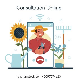 Gardener online service or platform. Idea of horticultural or landscape designer. Character planting trees and flowers. Online consultation. Flat vector illustration