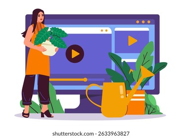 Gardener online woman. Young girl with flowerpots and watering can. Farming and agriculture. Botany and horticulture. Blog for gardeners and farmers. Flat vector illustration