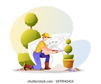 Gardener in overalls trimming or pruning plant with scissors. Plan or design project of garden. Landscape designer, garden service concept. Vector illustration for banner, advertising, poster.