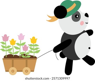 Gardener panda pulling wooden small cart with flowers
